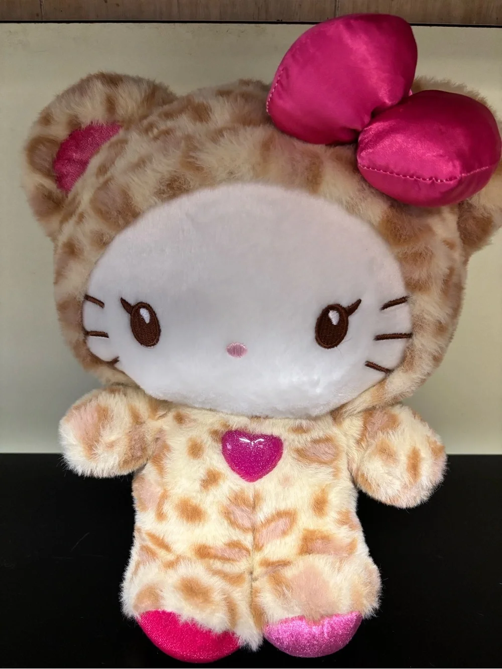 Hello Kitty Leopard-Pattern Plush with Hot Pink Bow